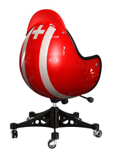 Load image into Gallery viewer, Chair in helmet shape artwork furniture in Jo’s Siffert swiss flag helmet livery