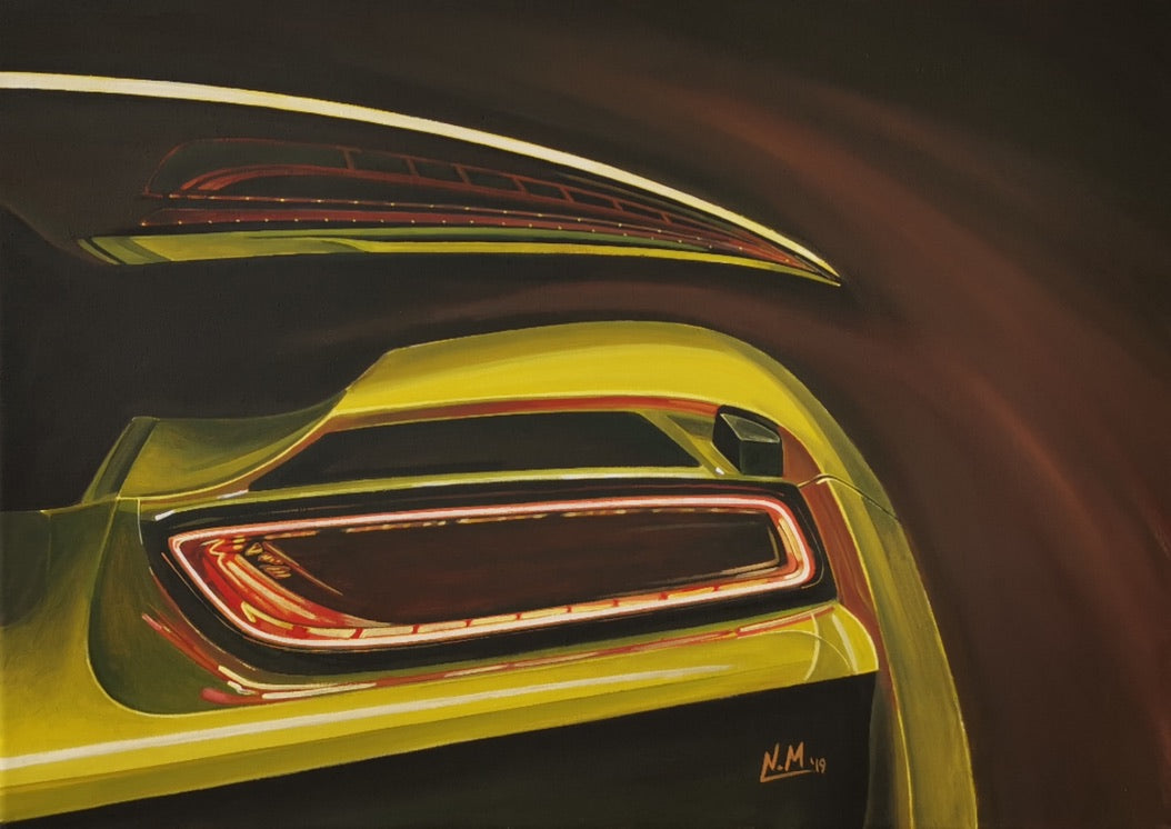Porsche 918 rear view yellow -  orginal acrylic painting on streched canvas
