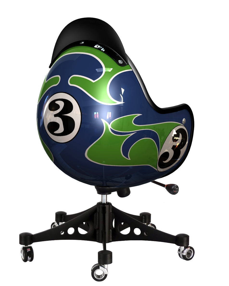 Chair in helmet shape with Porsche 917 psychedelic livery