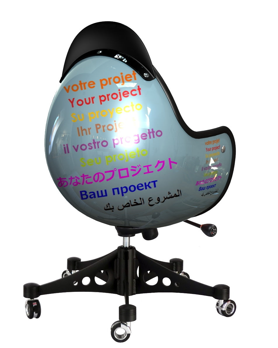 Chair in helmet shape on which the logo of any company can be printed on