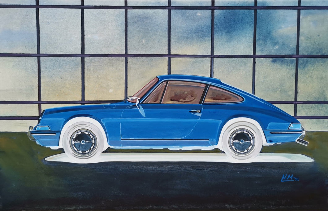 Porsche 912 blue rear view - original acrylic painting on streched canvas